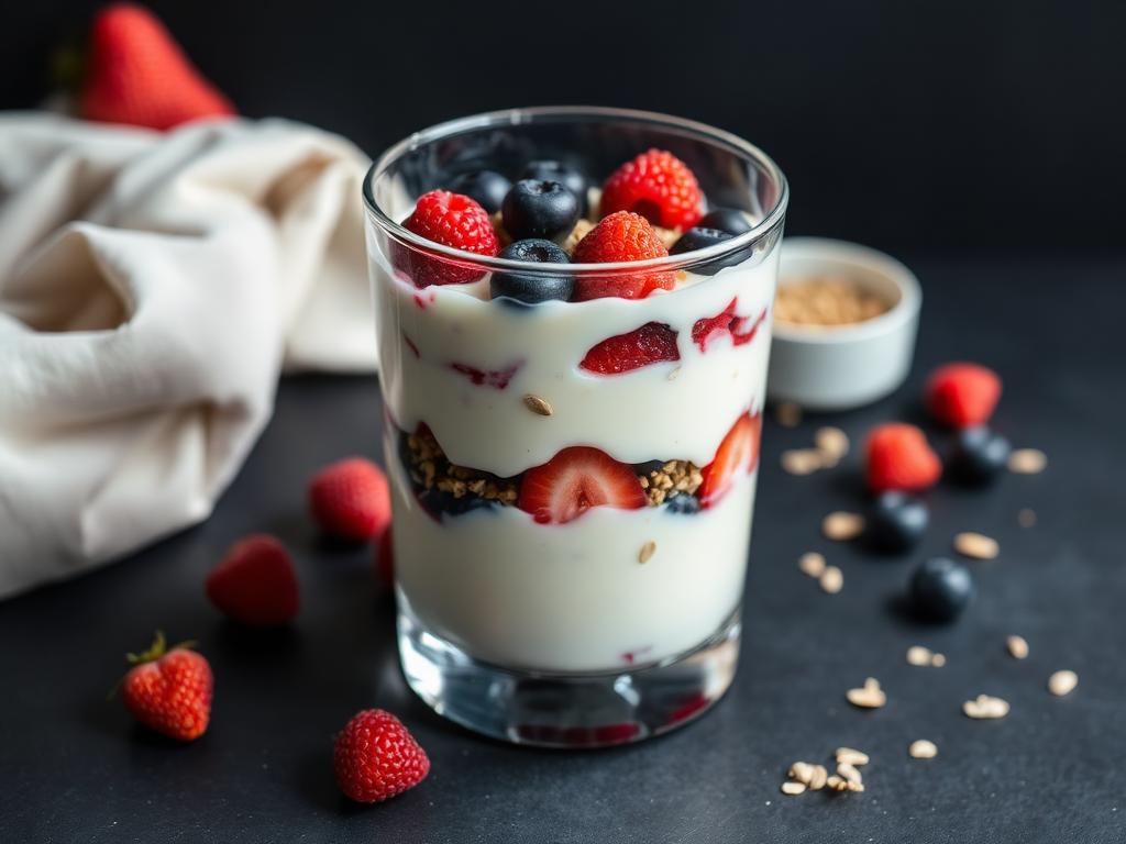 Yogur griego, frutos rojos y copos